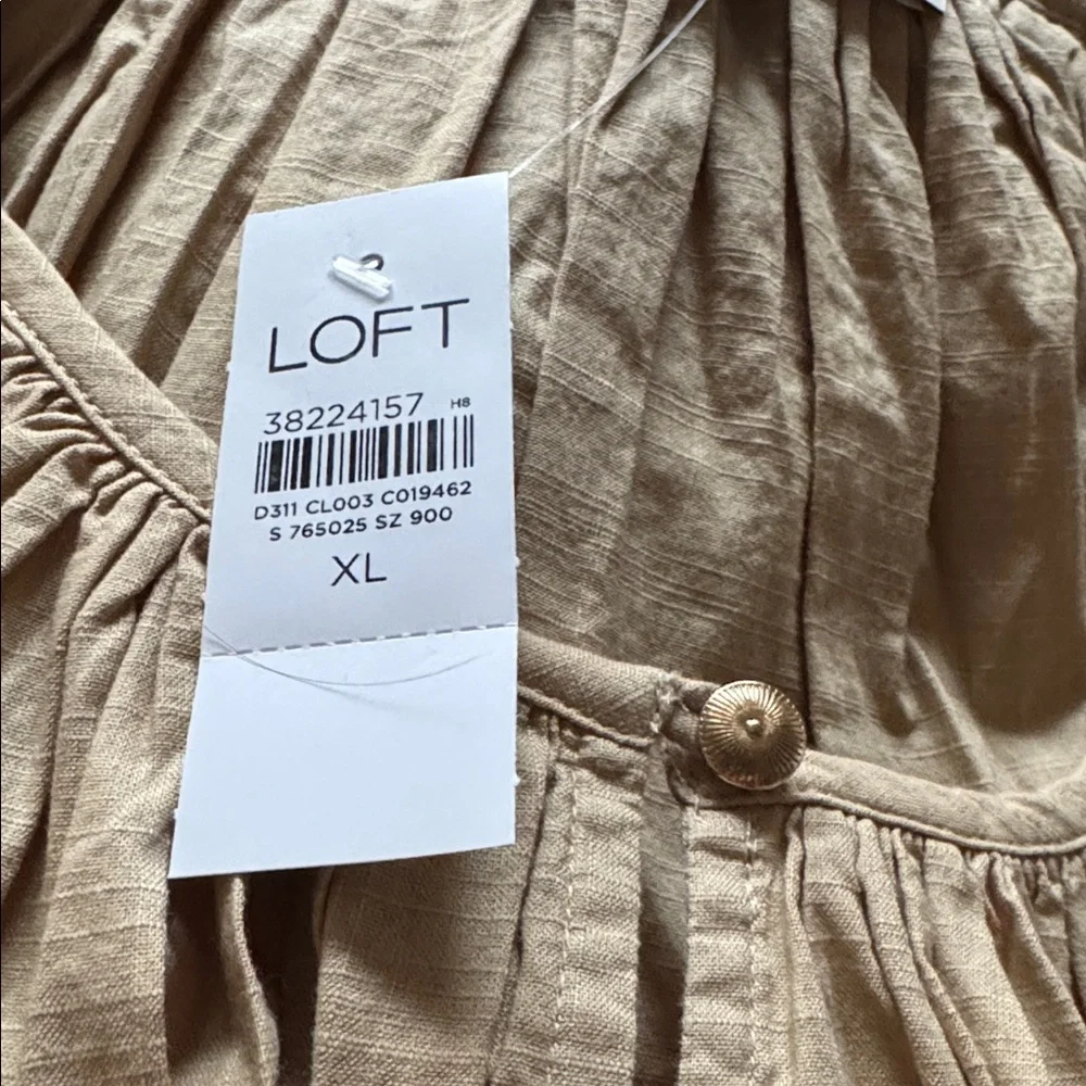 LOFT button puff long sleeves Tan Gathered split Neck Blouse Sz XL‎